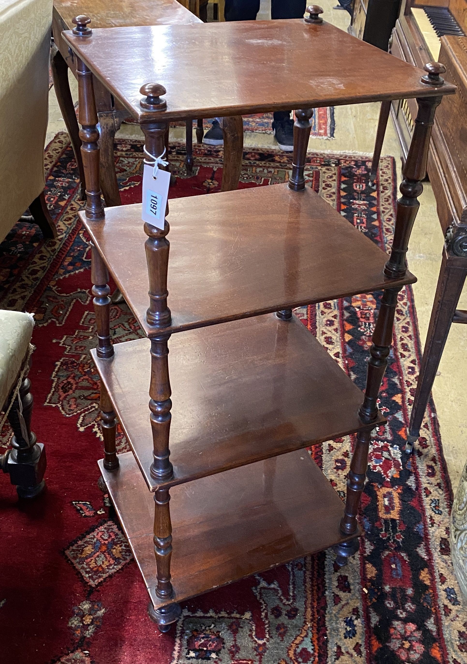 A Victorian mahogany four tier whatnot, width 42cm, depth 37cm, height 98cm
